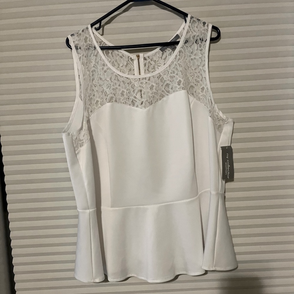 NWT Pretty White 2X NY Collection sleeveless, lace shoulders, zipper back top.